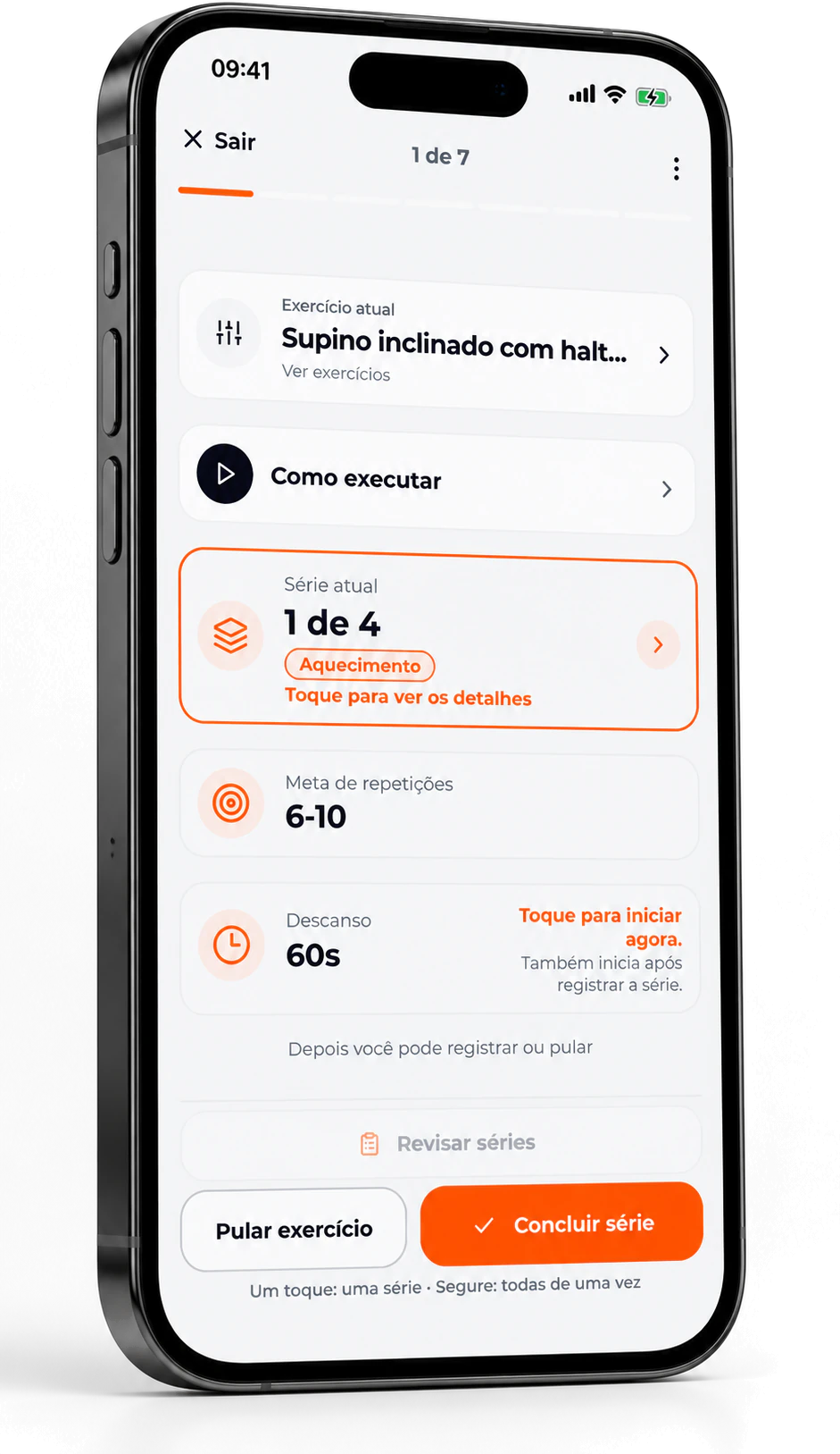 App Strenuz no celular durante a execução de um exercício, com série, repetições e descanso